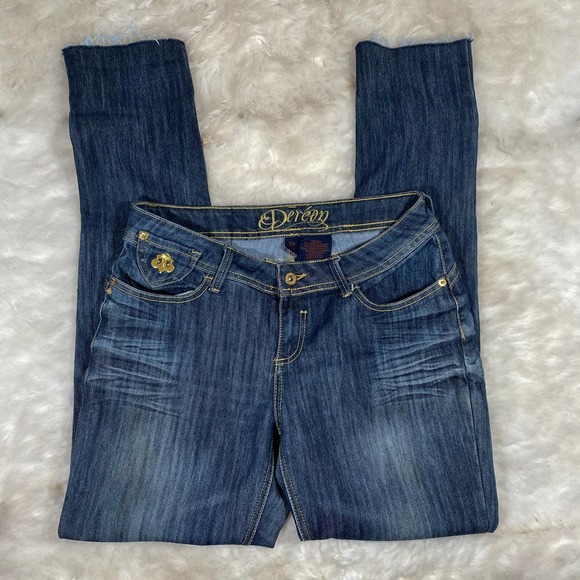 House Of Dereon Woman's Dark Wash Skinny Leg Fringe Bottom Jeans Sz 7/8 - Picture 1 of 6